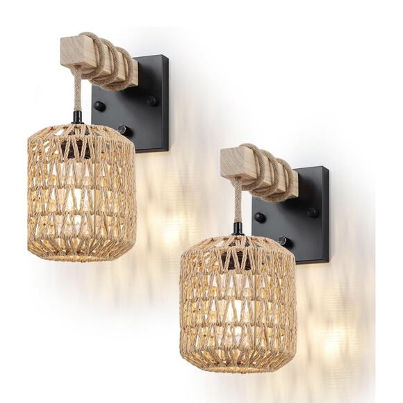Rattan Boho Wall Sconces Set of Two, Hardwired Hand-Woven Farmhouse Wall Lamps - Picture 1 of 9